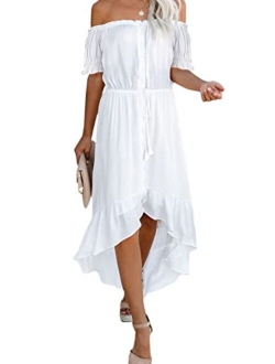 Womens Off The Shoulder Casual Short Sleeve Maxi Dress High Low Solid Cocktail Skater Dresses