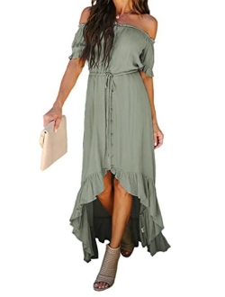 Womens Off The Shoulder Casual Short Sleeve Maxi Dress High Low Solid Cocktail Skater Dresses