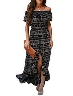 Womens Off The Shoulder Casual Short Sleeve Maxi Dress High Low Solid Cocktail Skater Dresses