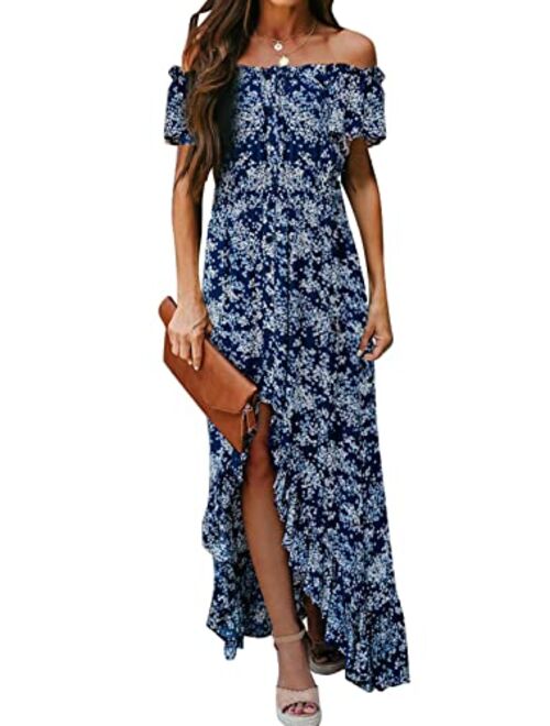 Dokotoo Womens Off The Shoulder Casual Short Sleeve Maxi Dress High Low Solid Cocktail Skater Dresses