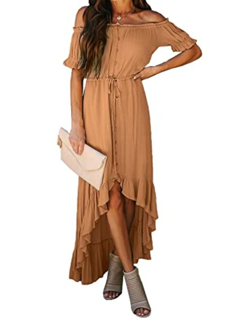 Dokotoo Womens Off The Shoulder Casual Short Sleeve Maxi Dress High Low Solid Cocktail Skater Dresses