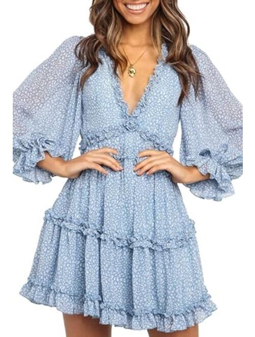 Dokotoo Womens 2022 Summer Casual Ruffle Short Sleeve Elegant Boho Mini Short Skater Dresses