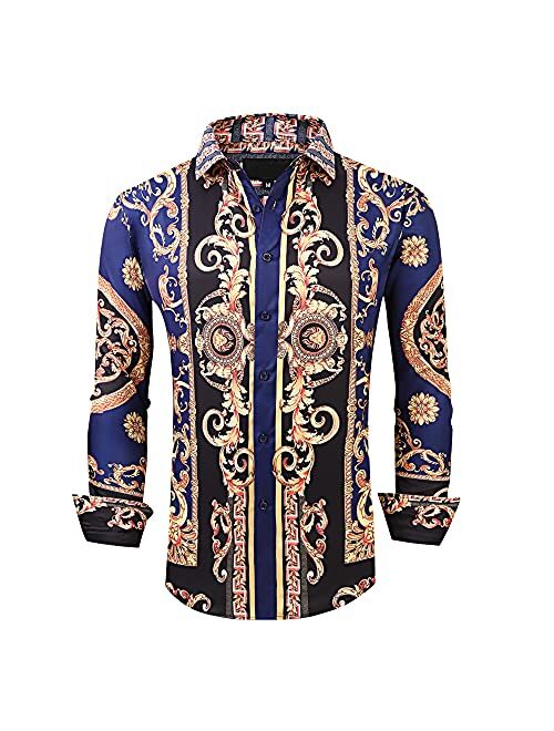 WARHORSEE Mens Dress Shirts Long Sleeve Regular Fit Printed Button Down Shirts