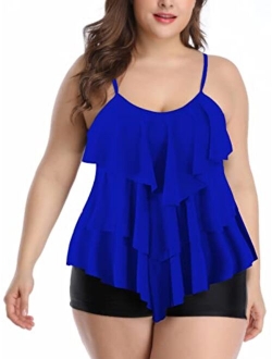 B2prity Women Plus Size Tankini Swimsuits Tummy Control Two Piece Bathing Suits Ruffle Swim Tank Top with Boy Shorts Swimwear