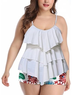 B2prity Women Plus Size Tankini Swimsuits Tummy Control Two Piece Bathing Suits Ruffle Swim Tank Top with Boy Shorts Swimwear