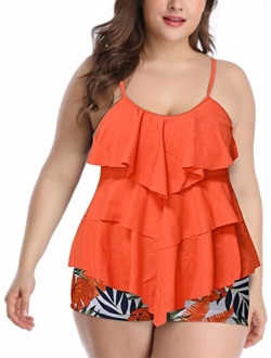 B2prity Women Plus Size Tankini Swimsuits Tummy Control Two Piece Bathing Suits Ruffle Swim Tank Top with Boy Shorts Swimwear