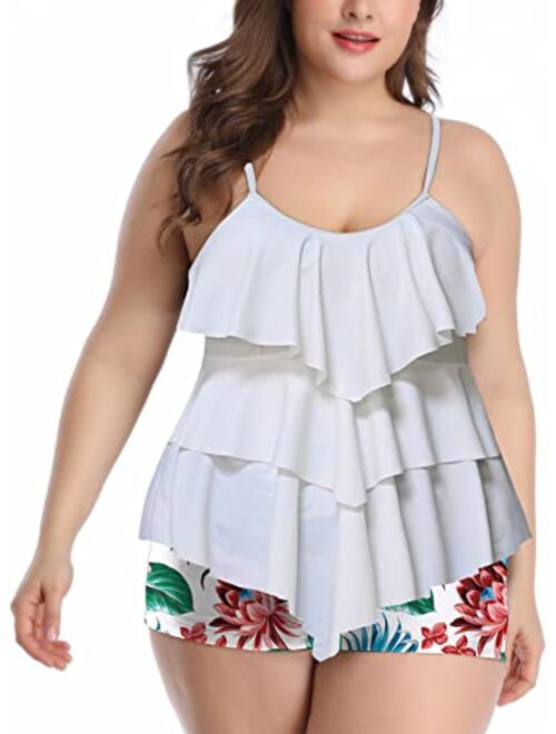 B2prity Women Plus Size Tankini Swimsuits Tummy Control Two Piece Bathing Suits Ruffle Swim Tank Top with Boy Shorts Swimwear