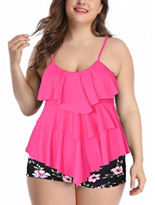 B2prity Women Plus Size Tankini Swimsuits Tummy Control Two Piece Bathing Suits Ruffle Swim Tank Top with Boy Shorts Swimwear