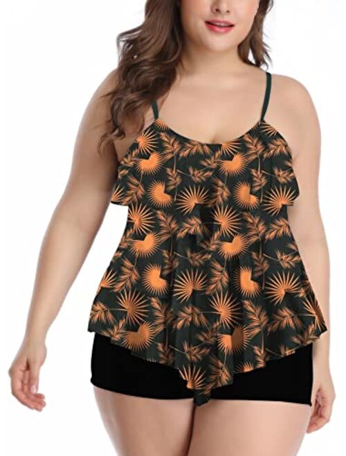 B2prity Women Plus Size Tankini Swimsuits Tummy Control Two Piece Bathing Suits Ruffle Swim Tank Top with Boy Shorts Swimwear