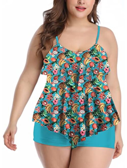 B2prity Women Plus Size Tankini Swimsuits Tummy Control Two Piece Bathing Suits Ruffle Swim Tank Top with Boy Shorts Swimwear