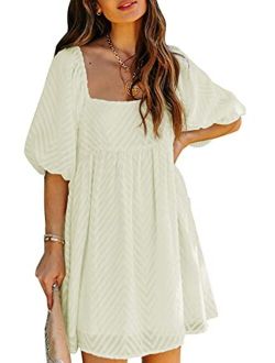 Womens Summer Dress Square Neckline Textured Puff Sleeve Chiffon Mini Dresses