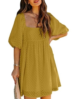 Womens Summer Dress Square Neckline Textured Puff Sleeve Chiffon Mini Dresses