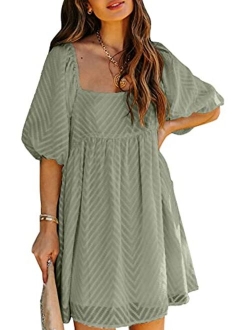 Womens Summer Dress Square Neckline Textured Puff Sleeve Chiffon Mini Dresses