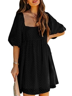 Womens Summer Dress Square Neckline Textured Puff Sleeve Chiffon Mini Dresses