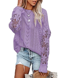 Womens Crewneck Crochet Lace Long Sleeve Hollow Out Cable Knit Pullover Sweaters Tops