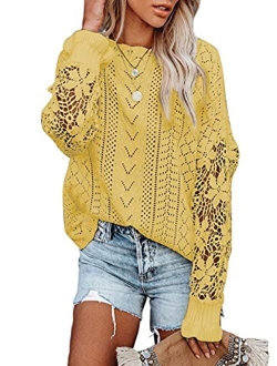 Womens Crewneck Crochet Lace Long Sleeve Hollow Out Cable Knit Pullover Sweaters Tops