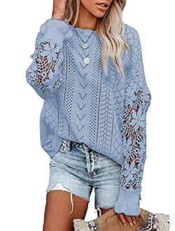 Womens Crewneck Crochet Lace Long Sleeve Hollow Out Cable Knit Pullover Sweaters Tops