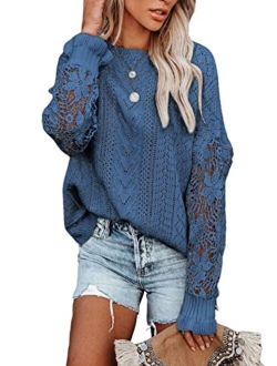 Womens Crewneck Crochet Lace Long Sleeve Hollow Out Cable Knit Pullover Sweaters Tops