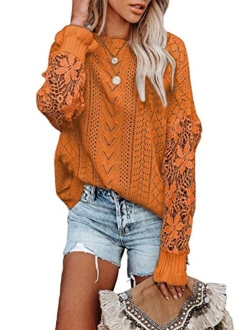 Womens Crewneck Crochet Lace Long Sleeve Hollow Out Cable Knit Pullover Sweaters Tops