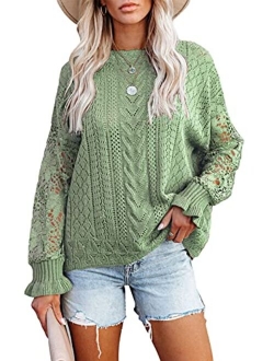 Womens Crewneck Crochet Lace Long Sleeve Hollow Out Cable Knit Pullover Sweaters Tops