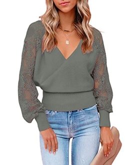 Womens Crewneck Crochet Lace Long Sleeve Hollow Out Cable Knit Pullover Sweaters Tops