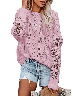 Womens Crewneck Crochet Lace Long Sleeve Hollow Out Cable Knit Pullover Sweaters Tops