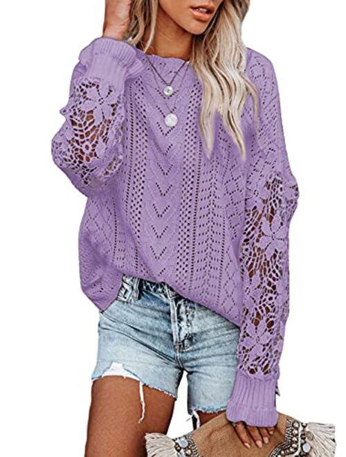 Dokotoo Womens Crewneck Crochet Lace Long Sleeve Hollow Out Cable Knit Pullover Sweaters Tops