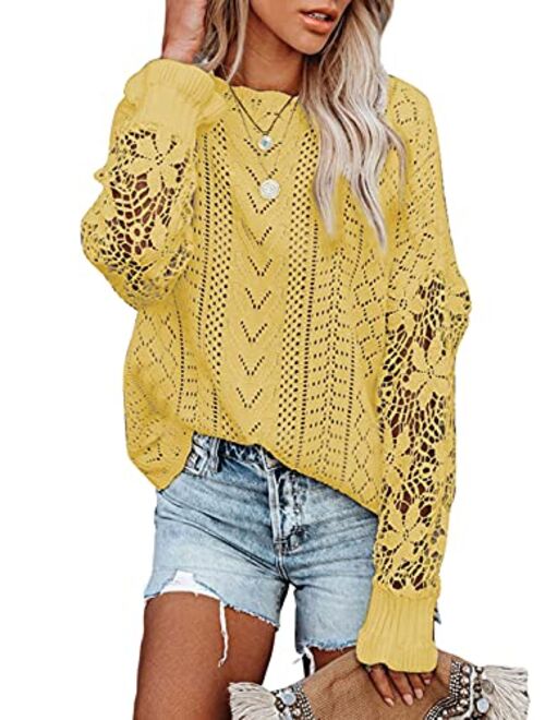 Dokotoo Womens Crewneck Crochet Lace Long Sleeve Hollow Out Cable Knit Pullover Sweaters Tops