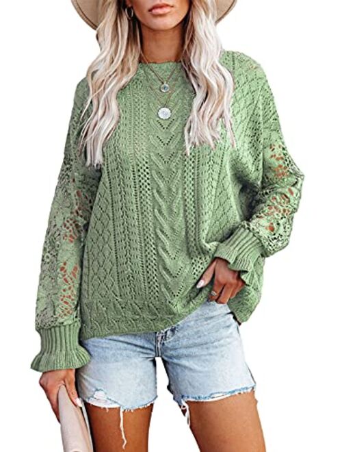 Dokotoo Womens Crewneck Crochet Lace Long Sleeve Hollow Out Cable Knit Pullover Sweaters Tops