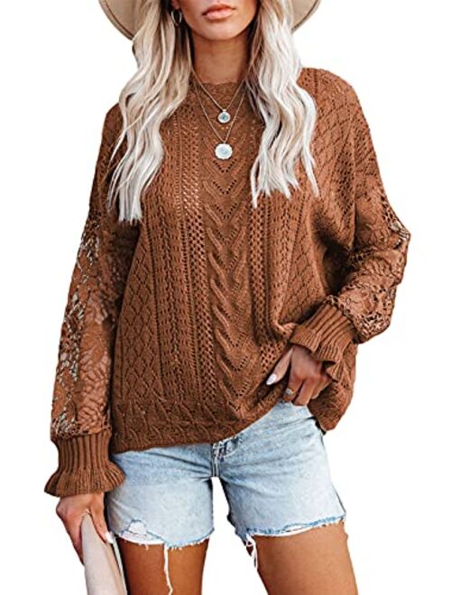 Dokotoo Womens Crewneck Crochet Lace Long Sleeve Hollow Out Cable Knit Pullover Sweaters Tops