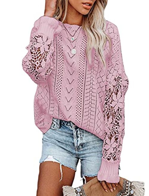 Dokotoo Womens Crewneck Crochet Lace Long Sleeve Hollow Out Cable Knit Pullover Sweaters Tops