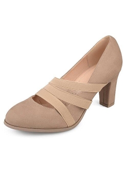 Womens Levin Faux Suede Comfort Sole Chunky Heel Almond Toe Triple Elastic Strap Heels