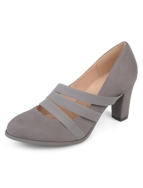 Brinley Co. Womens Levin Faux Suede Comfort Sole Chunky Heel Almond Toe Triple Elastic Strap Heels