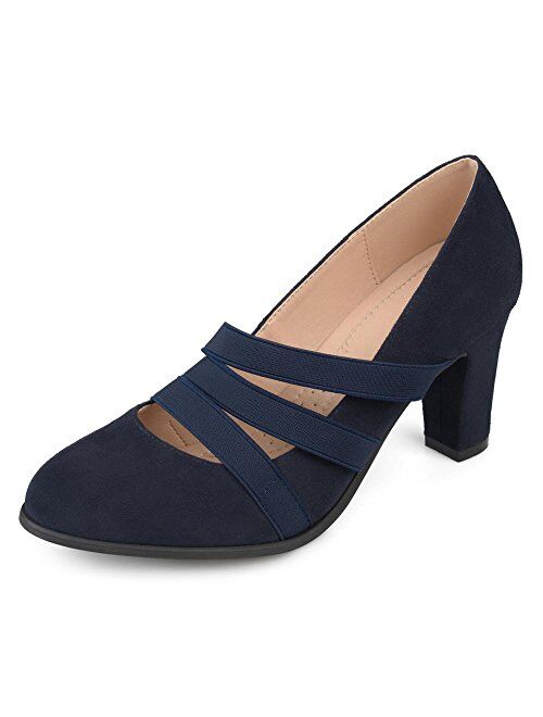 Brinley Co. Womens Levin Faux Suede Comfort Sole Chunky Heel Almond Toe Triple Elastic Strap Heels