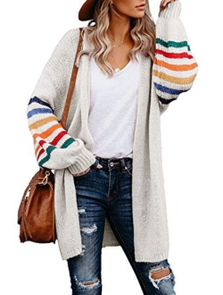 Women's Long Open Front Sweaters Striped Color Block Loose Knit Cardigans Outwear Coat