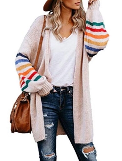 Women's Long Open Front Sweaters Striped Color Block Loose Knit Cardigans Outwear Coat