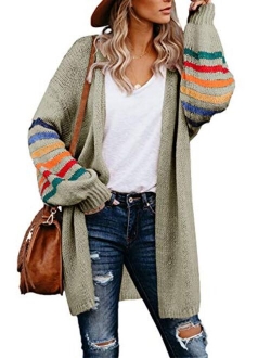 Women's Long Open Front Sweaters Striped Color Block Loose Knit Cardigans Outwear Coat