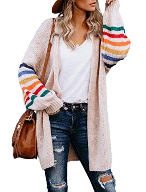 Dokotoo Women's Long Open Front Sweaters Striped Color Block Loose Knit Cardigans Outwear Coat