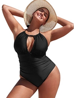 Women's Plus Size One Piece Swimsuit Halter Shirring Tummy Control Bathing Suit