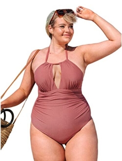 Women's Plus Size One Piece Swimsuit Halter Shirring Tummy Control Bathing Suit