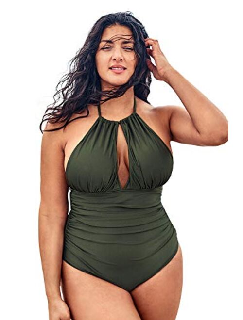 CUPSHE Women's Plus Size One Piece Swimsuit Halter Shirring Tummy Control Bathing Suit