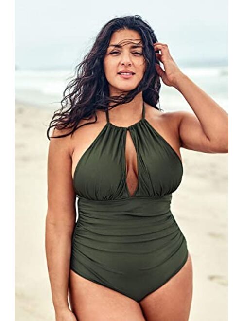 CUPSHE Women's Plus Size One Piece Swimsuit Halter Shirring Tummy Control Bathing Suit