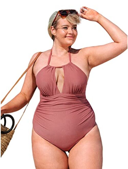 CUPSHE Women's Plus Size One Piece Swimsuit Halter Shirring Tummy Control Bathing Suit