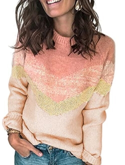 Womens Color Block Sweaters Long Sleeve Crewneck Pullover Knit Jumper Tops