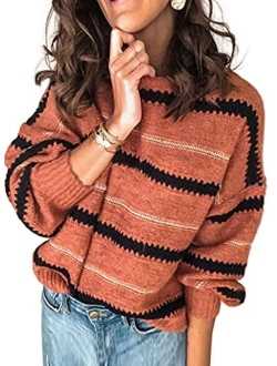 Womens Color Block Sweaters Long Sleeve Crewneck Pullover Knit Jumper Tops