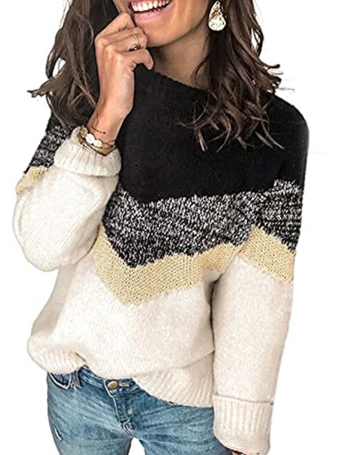 Dokotoo Womens Color Block Sweaters Long Sleeve Crewneck Pullover Knit Jumper Tops