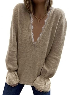 Sexy Lace Deep V Neck Sweaters for Women Lantern Long Sleeve Hand Knitted Pullover Casual Sweater