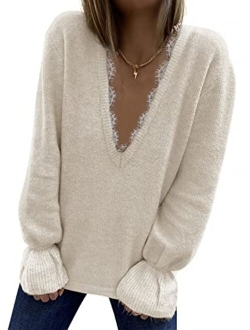 Sexy Lace Deep V Neck Sweaters for Women Lantern Long Sleeve Hand Knitted Pullover Casual Sweater