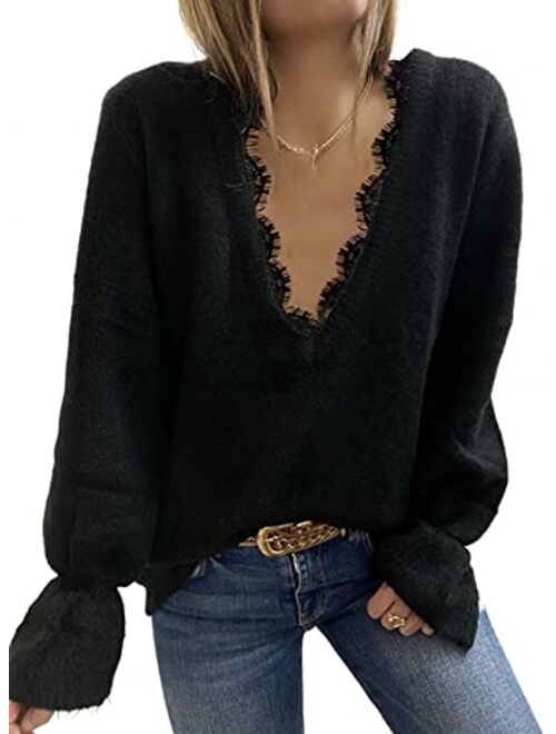 Dokotoo Sexy Lace Deep V Neck Sweaters for Women Lantern Long Sleeve Hand Knitted Pullover Casual Sweater