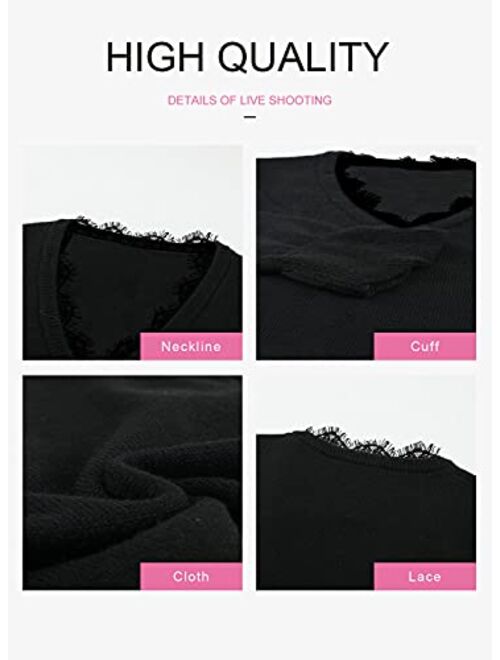 Dokotoo Sexy Lace Deep V Neck Sweaters for Women Lantern Long Sleeve Hand Knitted Pullover Casual Sweater